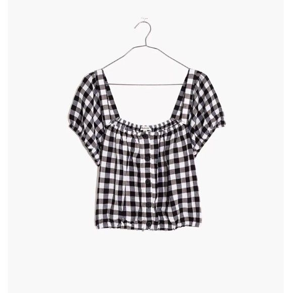 Madewell Tops - Madewell Linen Blend Puff Sleeve Button Front Crop Top in Gingham Check